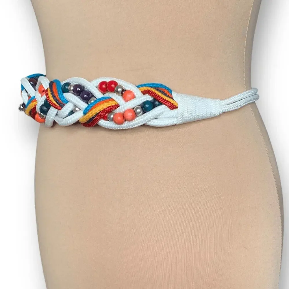 Vintage Bungee Colorful Woven Rope Beaded Belt Hook Closure Boho Statement